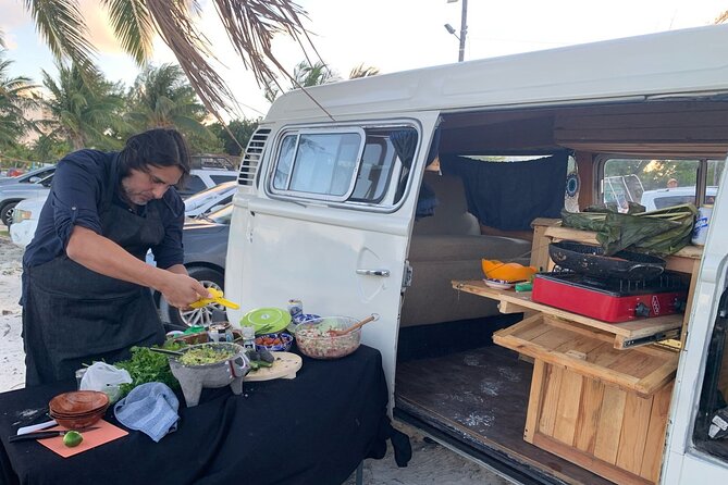 Cancun Beach Seafood Barbecue Class in a Kombi - Salsa, Cassava, and Starter Bites That Set You Up Right