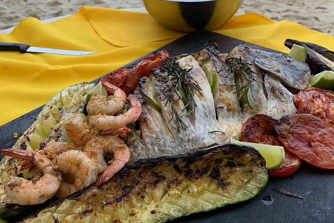 Cancun Beach Seafood Barbecue Class in a Kombi - The Main Event: Shrimp, Octopus, Sardines, and Veggie Pairing