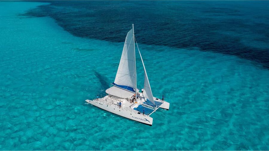 Isla Mujeres Catamaran, Snorkel & Buffet Lunch - Catamaran energy from Marina Albatros, right by Temptation Hotel